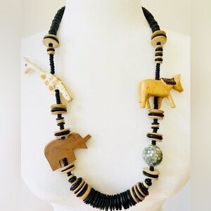 Vintage Craved Wood African Necklace Safari Animal Bead Black & Natural Wood